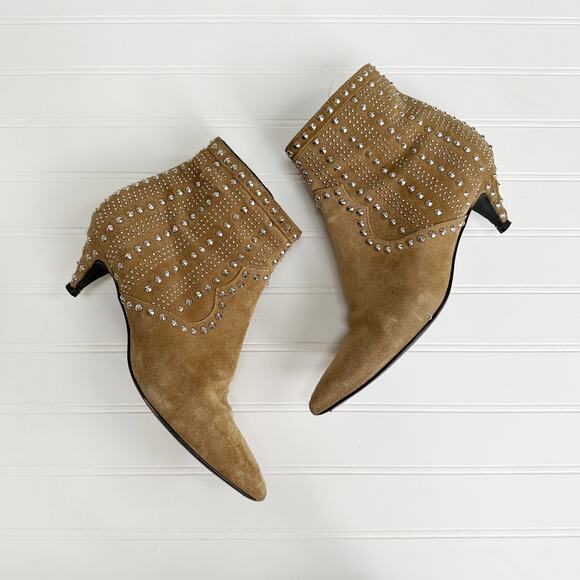 Saint Laurent Cat Ankle Bootie 50 Tan Suede Studded Heels Western Kitten - Picture 10 of 14